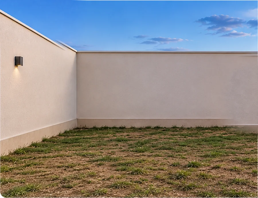 Jardim simples com gramado irregular e muros iluminados antes da transformação