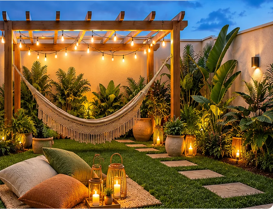 O mesmo jardim transformado em redário com pergolado, plantas, almofadas e lanternas acesas durante a blue hour