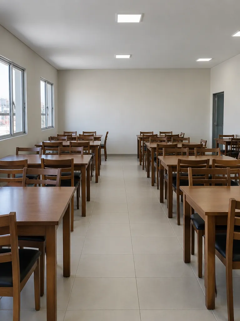 Restaurante simples e vazio, apenas com mesas e cadeiras, antes da transformação