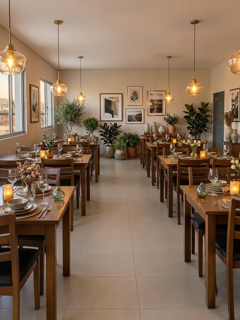 O mesmo restaurante transformado com pendentes, plantas, quadros e mesas postas